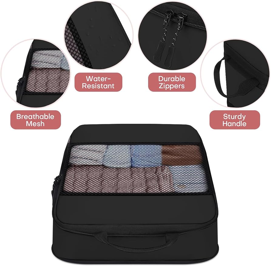 SDGFUI 6 PCS Set Compression Packing Cubes for Travel, Lightweight Packing Organizer Bags Travel Essentials for Carry On, Suitcase, Home Closet - Black - Image 4
