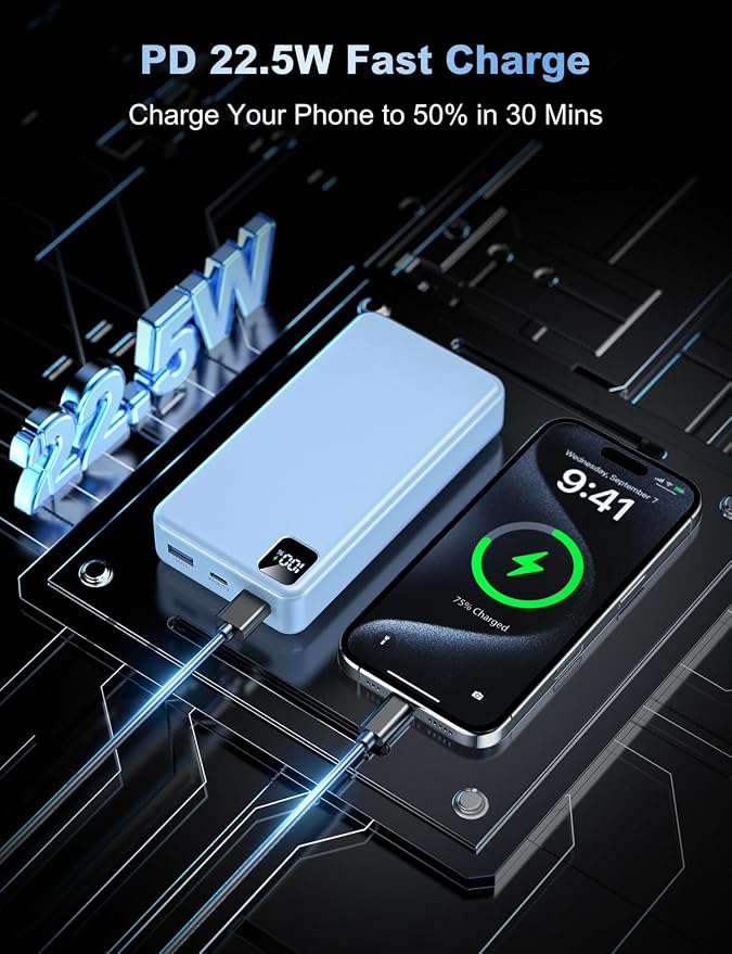 Portable Charger 56800mAh, 22.5W Fast Charging Power Bank with LED Display | Portable Phone Charger for Camping Travel Essential Compatible with iPhone 17/16/15/14/13 Series,Samsung, Google,iPad-SkyBlue - Image 4