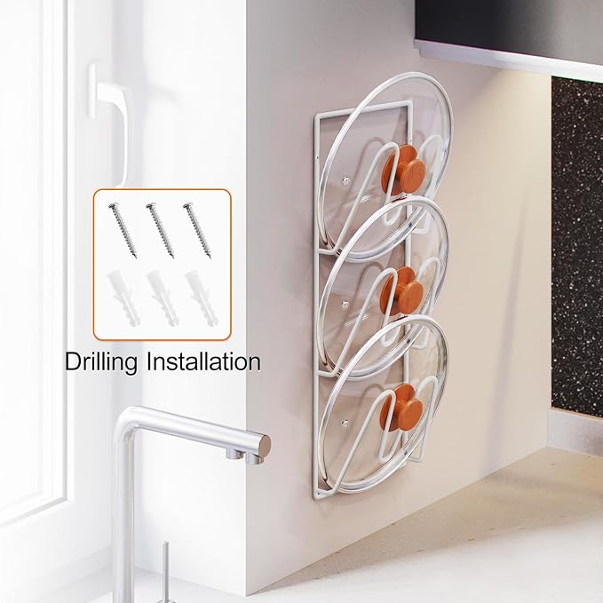 Durmmur 2 Pack Pot Lid Organizer, 6-Tier Lid Holder for Cabinet Door & Wall | Rustproof Metal Lid Organizer with No-Drill Adhesive Mounting for Pot and Pan Lids, Space-Saving Kitchen Storage, White - Image 5