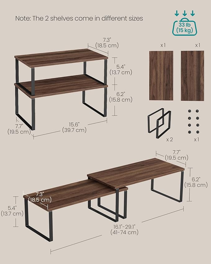 SONGMICS Cabinet Organizer Shelf, Set of 2 Spice Rack, Kitchen Storage | Kitchen Counter Storage Spice Rack, Particleboard, Steel, Natural Walnut and Matte Black, BYSTRO Collection UKCS025K01 - Image 6