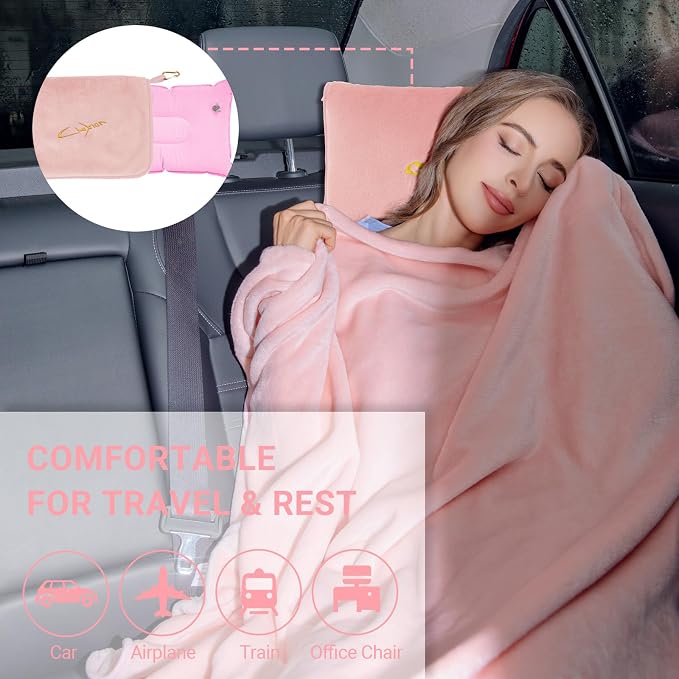 Travel Blanket and Pillow Set, 300 GSM Soft Fleece, 60x43 Inches, 3-in-1 Compact with Bag, Pink - Image 8