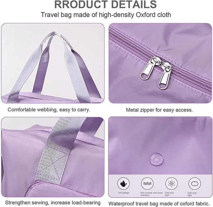 Large Capacity Folding Travel Bag, Lightweight Waterproof Luggage Bag, Expandable Travel Duffel Bag, Dry Wet Separated Gym Tote Bag, Weekender Overnight Bags for Women and Man (Light Purple) - Image 5