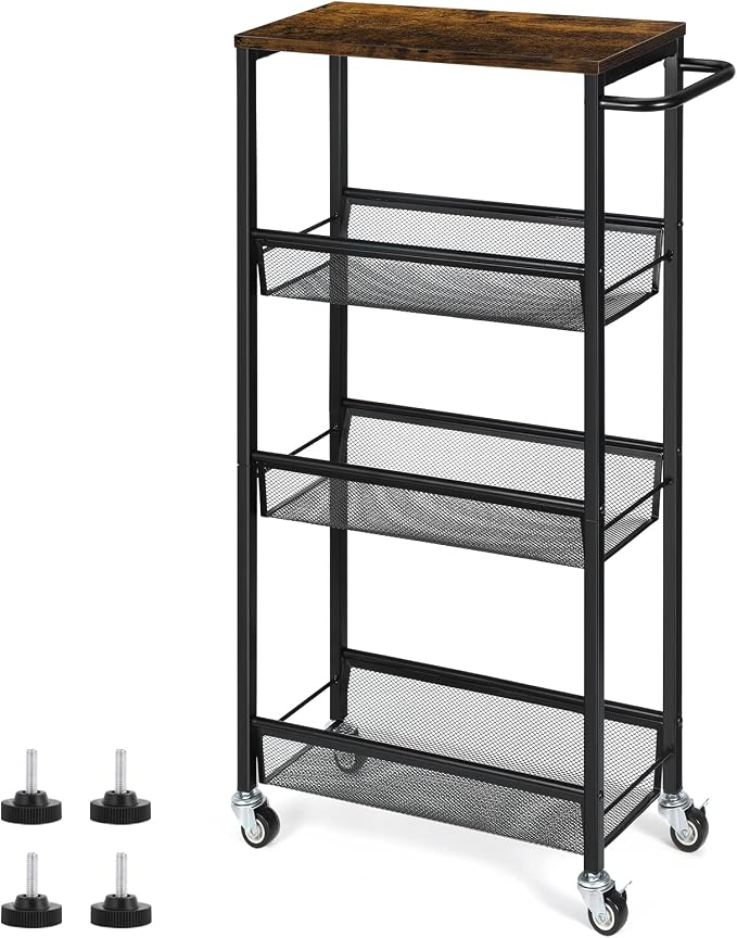 Slim Storage Cart, Metal Narrow Rolling Storage Cart for Kitchen, Black | Wooden Top, on Wheels, Wide Handle, Shelving Unit for Small Space, Easy to Install. by NANANARDOSO