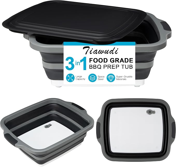 Tiawudi Large Collapsible BBQ Prep Tub with Lid(4.22 Gal/16L), Foldable Camping Sink with Colander, Cutting Board, Dish Basin for Kitchen, Bowl, Vegetable and Fruit, Storage Basket for Picnic by Tiawudi