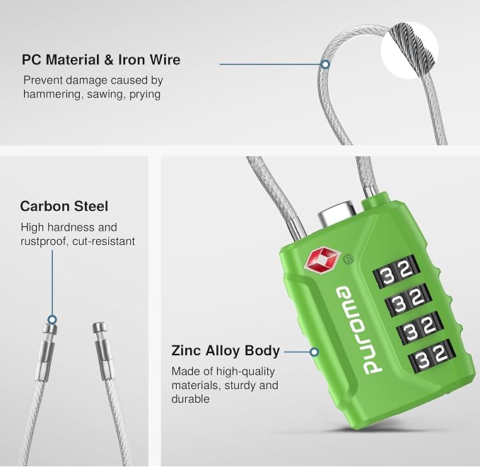 Puroma 2 TSA Approved Luggage Locks 4 Digit Code Cable Lock Basic Green | Resettable, Flexible Cable, Zipper holes, Zinc Alloy, Bright Color, Large White Numbers, Suitcase Train Travel, laptop bag - Image 5