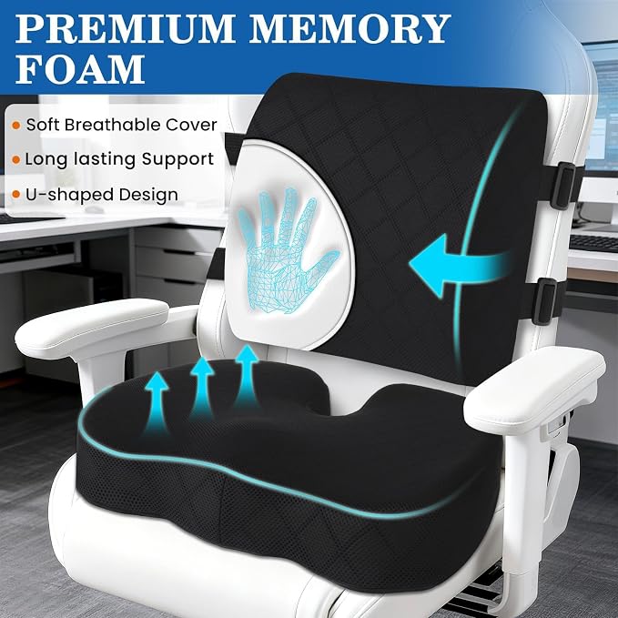 Back&Seat Cushion,Chair Cushions,Lumbar Back Support Pillow,Black/X-Large | Breathable Memory Foam Back Support Pillow, Portable Airplane Seat Cushion for Travel, Computer Desk, Wheelchair, Driving - Image 3