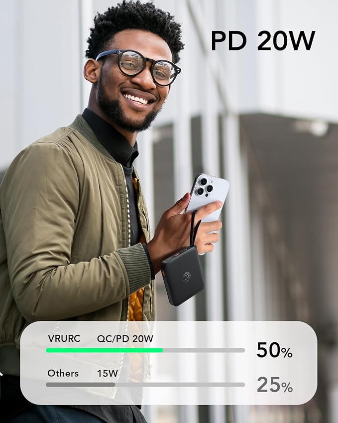 VRURC Portable Charger with Built-in Cables, 10000mAh 22.5W Fast Charging USB C Power Bank with LED Digital Display, Slim Battery Pack for iPhone 17/16/15 & Samsung Galaxy & Android Phones (Black) - Image 3