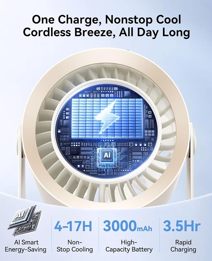 DIGIX Portable Desk Fan, 100 Speeds, 360° Rotation, USB Rechargeable | Quiet LED Display Table Fan with Wall Mount Design. Small Personal Cooling Fans for Home, Bedroom, Office & Travel, White - Image 5