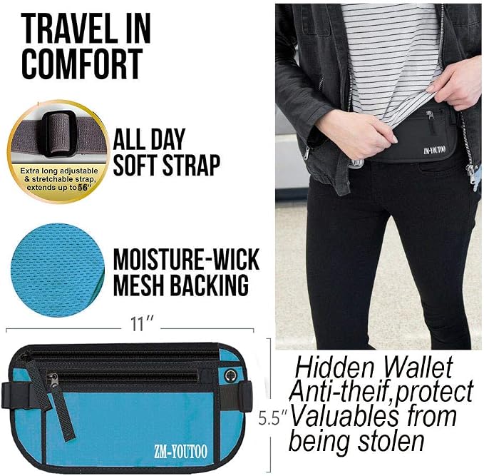 ZM-YOUTOO Money Belt for Travel - Hidden Travel Pouch Protect Your Credit and Money With RFID Blocking Passport Holder Waist Wallet (Blue) - Image 4
