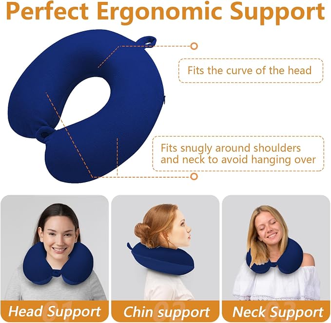 Travel Pillow, Memory Foam Neck Pillow for Traveling, U Shape Airplane Portable Flight Pillow Adult Travel Neck Pillow for Plane Train Car Home Office (Dark Blue) - Image 4