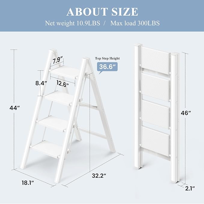 4 Step Ladder, Foldable Aluminum Step Stool with Anti-Slip Pedal | Lightweight yet Sturdy, Portable, Non Slip Feet, 300Lbs Capacity, Elegant Look, for Kitchen, Closet, Pantry, White - Image 6