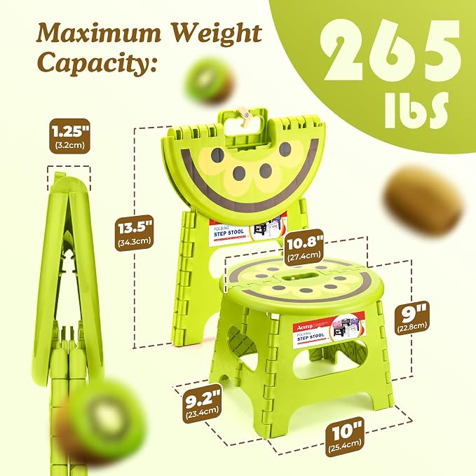 9 Inch Cute Folding Step Stool for Kids, with Handle, Kiwi Green | Foldable Step Stool, Heavy Duty, Lightweight, Non-Slip, for Toddler/Adults, for Kitchen Bathroom Outdoor, Sturdy Collapsible - Image 4