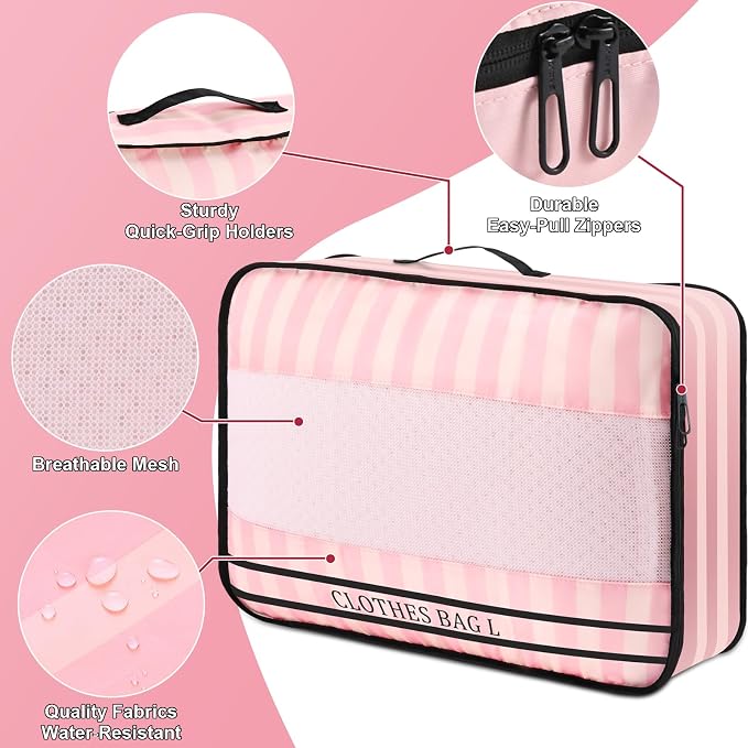 9 Set Packing Cubes Luggage Packing Organizers for Travel Accessories Space Saving Travel Bags for Carry On, Lightweight Mesh Zipper, Clothes, Shoes and Laundry Bag, Suitcases (Pink Streak) - Image 2