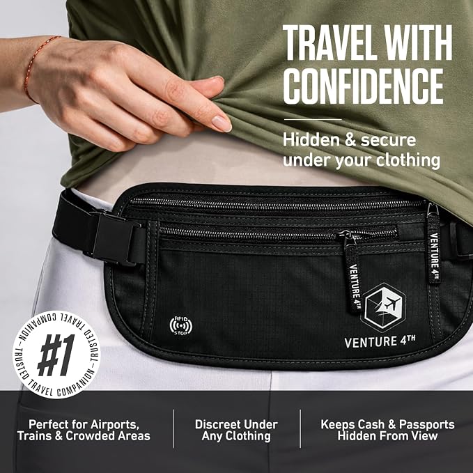 VENTURE 4TH Travel Money Belt, RFID Blocking Passport Holder - Pure Black - Image 4