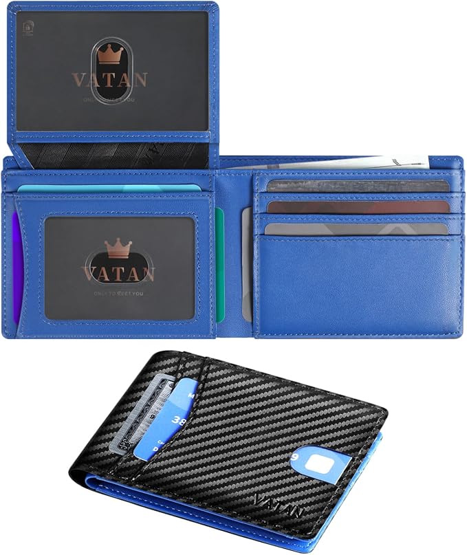 VATAN Wallet for Men Slim RFID Blocking Leather Credit Card Holder Wallet for 15 Cards, Bifold Minimalist Thin Wallet with 2 ID Windows & Cash Slot, With Gift Box (Carbon Black and Blue) by VATAN