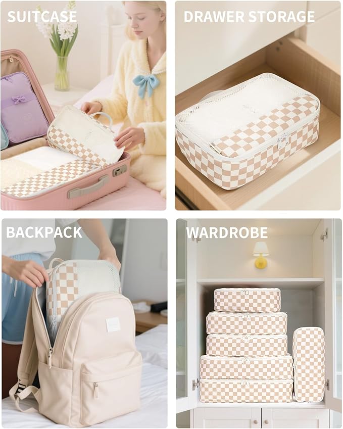 Narwey 7 Set Checkered Packing Cubes for Travel Carry on Suitcase Luggage Organizer Bags for Kids Women Men, Durable Packing Organizers Bag, Travel Essentials Accessories (Light Checkerboard) - Image 5