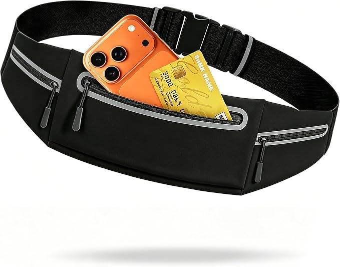Slim Running Belt for Women Men,Phone Holder Waist Pack,Runners Fanny Pack | No-Bounce,Sweat-Proof Pocket,Travel Money Pouch for Gym/Hiking/Cycling,Three pocket,Two Highly Reflective Strips by Unknown