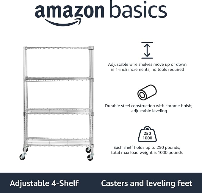 Amazon Basics 4-Shelf Adjustable Heavy Duty Storage Shelving Unit with Wheels, No-Tool Easy Assembly, Garage Shelving, Metal Wire Rack with Casters and Leveling Feet, 36" x 14" x 57.8", Chrome - Image 3