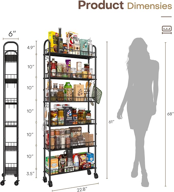 Slim Rolling Storage Cart with Wheels, Metal 6 Tier Spice Rack Mobile Shelving Unit Organizer Kitchen Utility Cart for Office Bathroom Kitchen Laundry Room Narrow Places (6inches) - Image 5