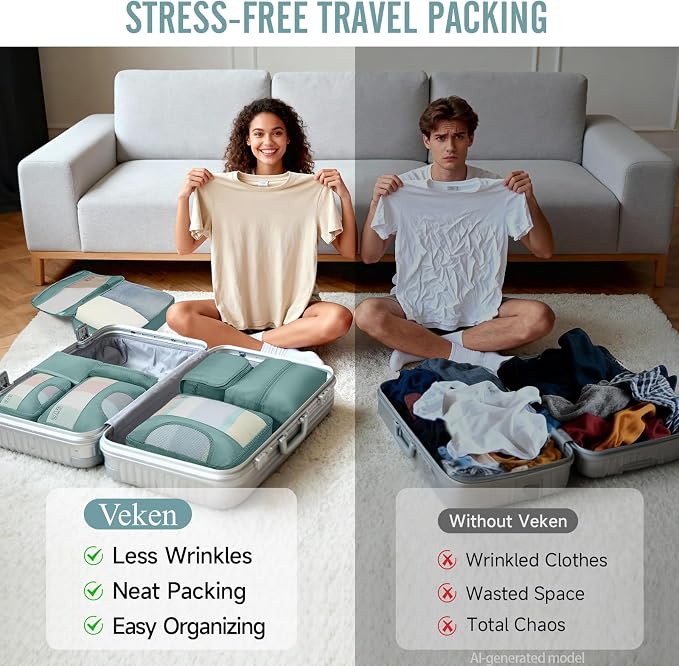 Veken 8 Set Packing Cubes for Travel Essentials,Anti-Wrinkle Buckled Suitcase Organizer for Shoe & Toiletry Bag,Carry On Luggage Bag with 99+ Count Mesh Holes for Airplane & College Dorm Accessories - Image 7
