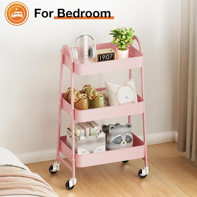 NEWBULIG 3-Tier Metal Rolling Cart with Lockable Wheels, Heavy Duty Mobile Utility Storage Shelf, Roller Book Snack Cart, Organization for Livingroom, Bathroom, Office, Pink | Mobile Organizer Shelf, Space-Saving, Freestanding, Bathroom, Living Room, S... - Image 7