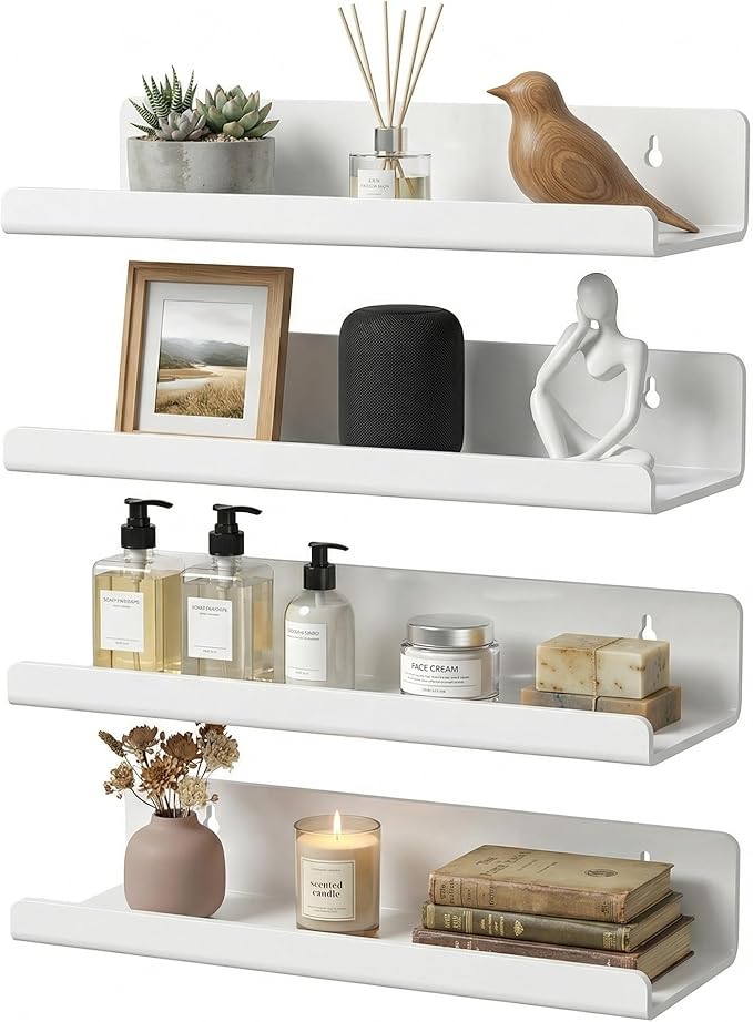 White Acrylic Floating Shelves, No Drill Wall Shelves, 4 Pack | Glossy White Acrylic; 4 Pack Wall Shelves; Adhesive or Screw Mount; No Drill Option; 12 lb Max Load by TQZDBXK