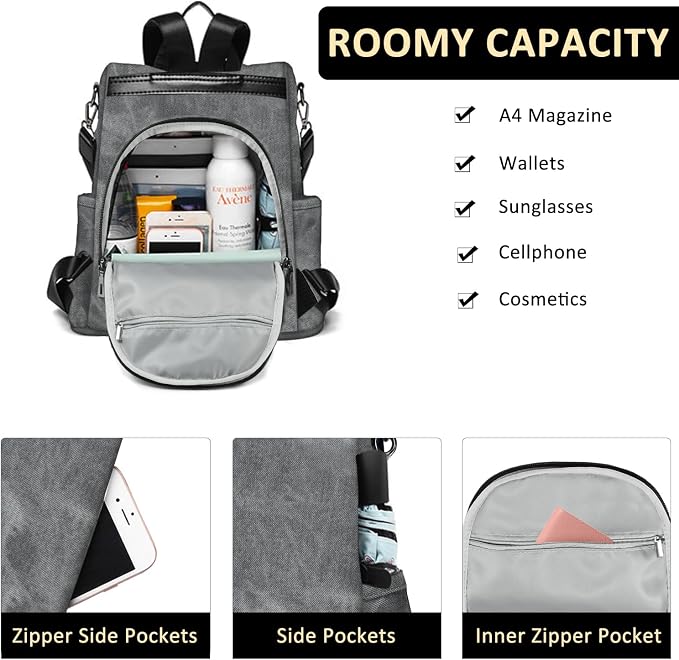 Convertible Backpack Purse for Women Anti Theft Nylon Backpack Grey | Hidden Back Zipper Opening, Compact Travel Size,PU Leather, Daypack for College Work, Fits 13-inch laptop - Image 4