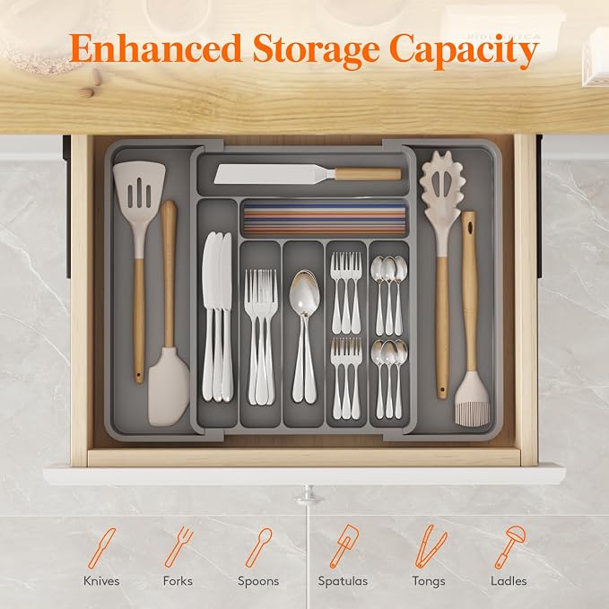 Lifewit Expandable Silverware Drawer Organizer, Kitchen Utensil Tray | BPA-free Plastic Flatware Cutlery Holder, Space-Saving Storage for Spoons Forks Knives, 11.8-19.6 x 15“, Gray - Image 2