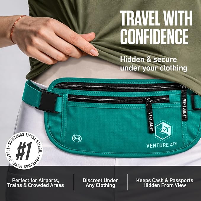 VENTURE 4TH Travel Money Belt, RFID Blocking Passport Holder - Turquoise - Image 4