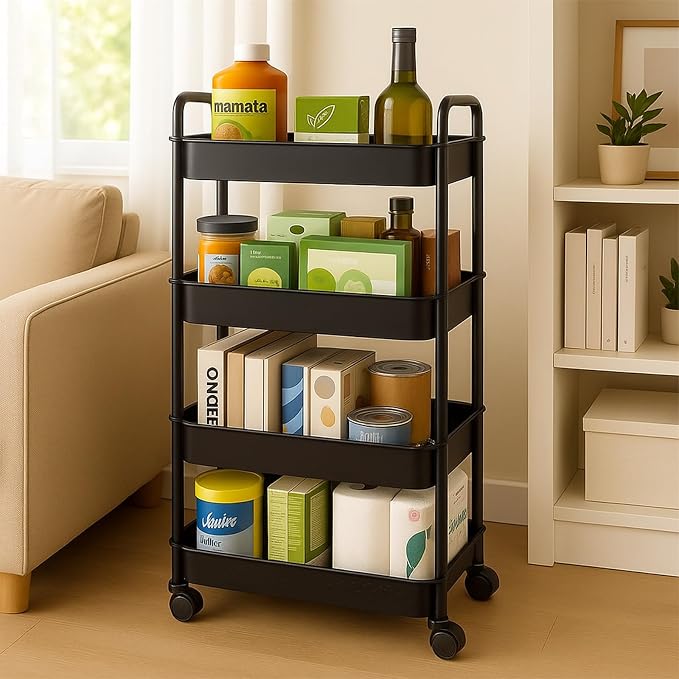ShellKingdom 4 Tier Bathroom Storage Organizer, Slim Rolling Storage Cart | Storage Shelf for Narrow Space with Handle, Mobile Shelving Unit for Bathroom, Kitchen, Laundry (Black) - Image 4