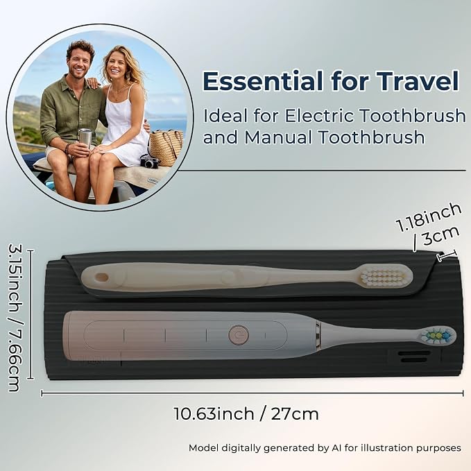 Electric Toothbrush Travel Case with 2 Head Covers, Black | Waterproof Silicone Case Protects Your Electric Toothbrush During Travel, Gym Visits and Business Trips - Image 4