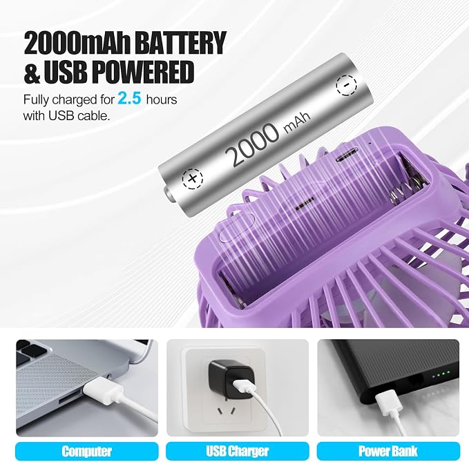 Portable Clip Fan Battery Operated,3 Speeds USB Rechargeable Mini Table Fan with Strong Airflow,360°Rotation Ultra Quiet Personal Desk Fan for Home Office Bedroom Dorm Stroller Camping(Purple) - Image 3