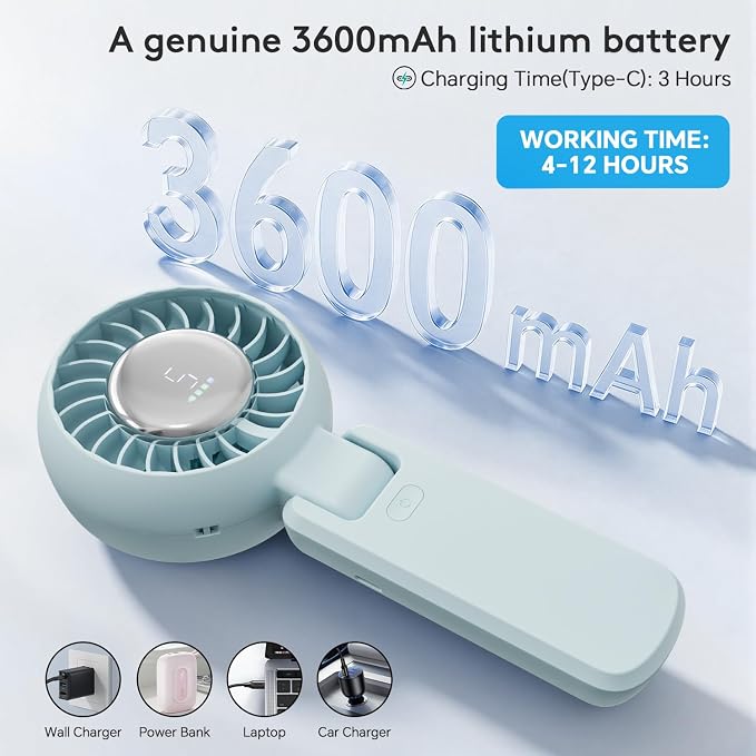 ZOZOO Portable Fan, USB Rechargeable 194°Folding Handheld Fan,5 Speed&LED Display &High Power Motor Table Fan, 3 IN 1 Quiet Strong personal Neck fans for Travel,Camping,Beach (Blue) - Image 3