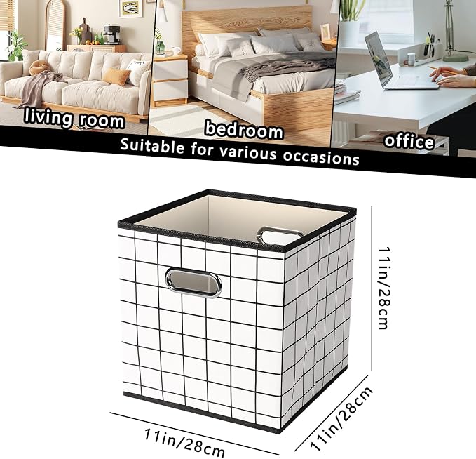 Yunkeeeper storage bins Cubes, Fabric Cube Organizer with Handle, Foldable Cube Bins for Cloth or Accessary Storage, 11x11x11, Set of 6, (White grid) - Image 2