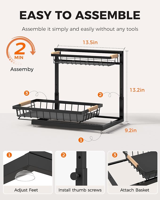 2-Pack 2-Tier Height Adjustable Under Sink Organizer & Storage | Multi-purpose storage for kitchen & bathroom cabinet. Large black shelf, height adjustable design for space-saving. - Image 9