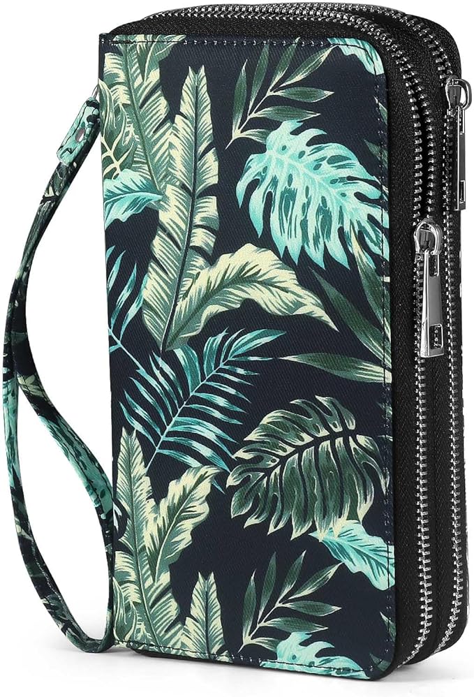 RFID Blocking Cellphone Wallet for Women with Wrist Strap, Double Zipper Travel Clutch Purse Large Capacity, Palm Leaf by HAWEE
