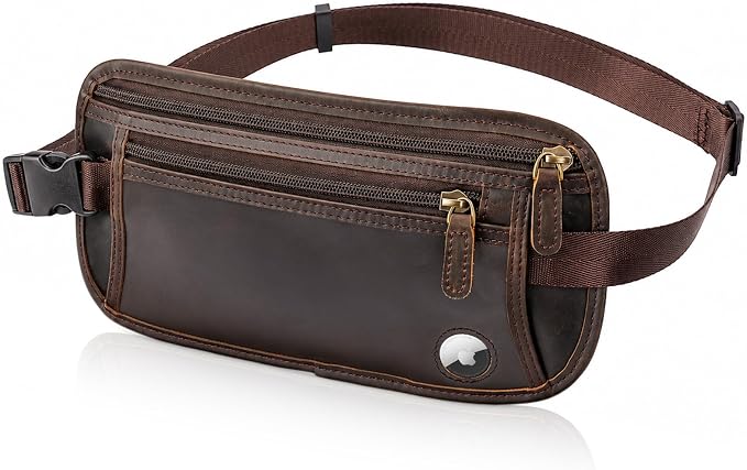 Polare Leather Money Belt Hidden Passport Holder Travel Pouch, AirTag Slot | Full Grain Cowhide Leather, RFID Protection, Travel Passport Wallet, Slim Undercover Waist Bag by polareoriginal