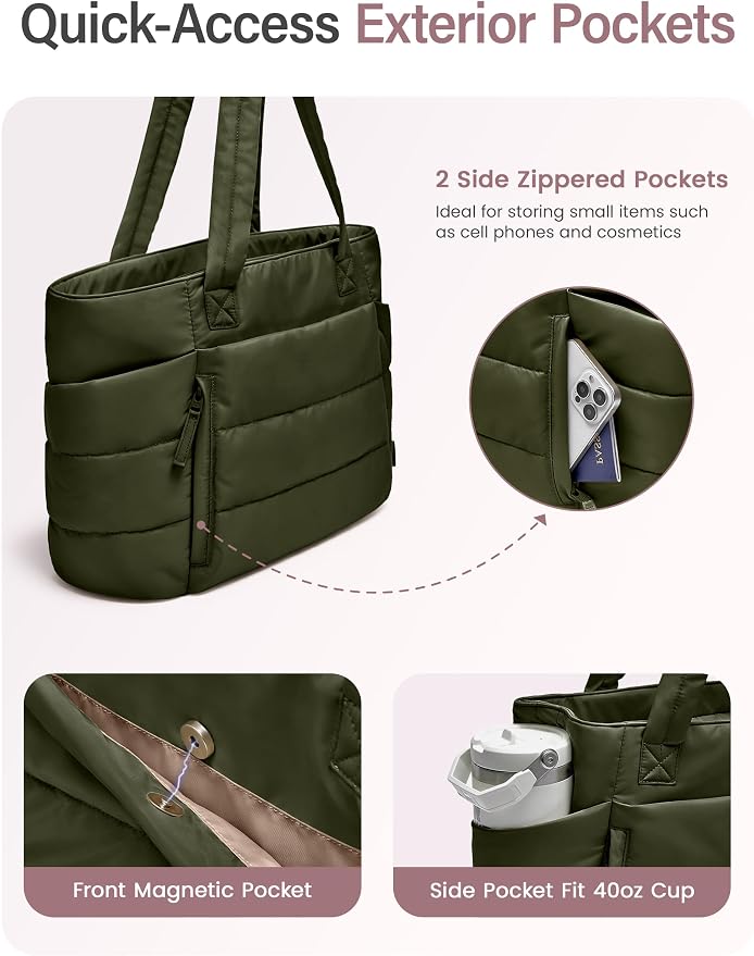 Uselike Tote Bag for Women with Zipper, Quilted Puffer Tote Bag with Compartments, Lightweight Puffy Work Bags for Women - Image 4