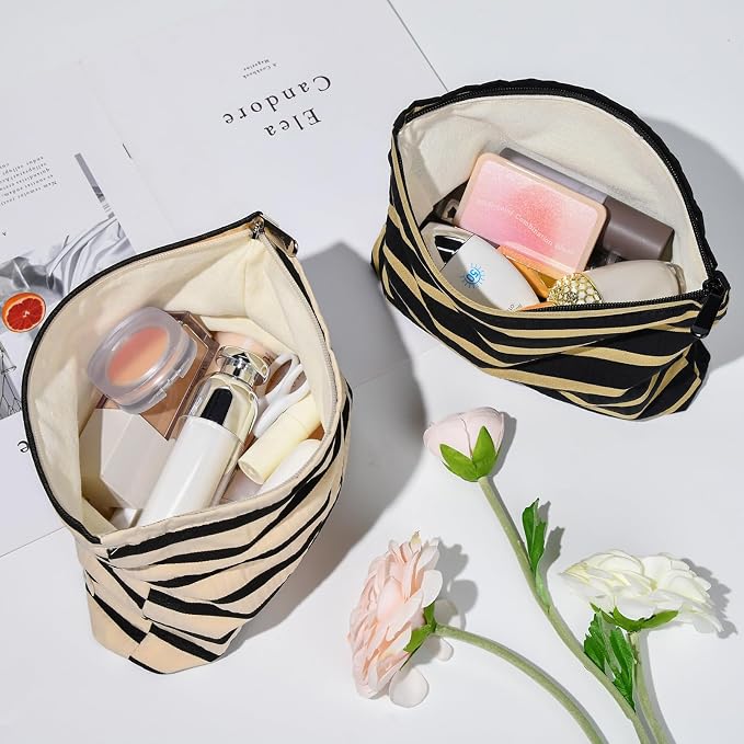 SOIDRAM 2 Pieces Makeup Bag Large Stripe Cosmetic Bag Capacity Canvas Travel Toiletry Bag Organizer Cute Makeup Brushes Aesthetic Accessories Storage Bag for Women, Stripe L Black White - Image 4