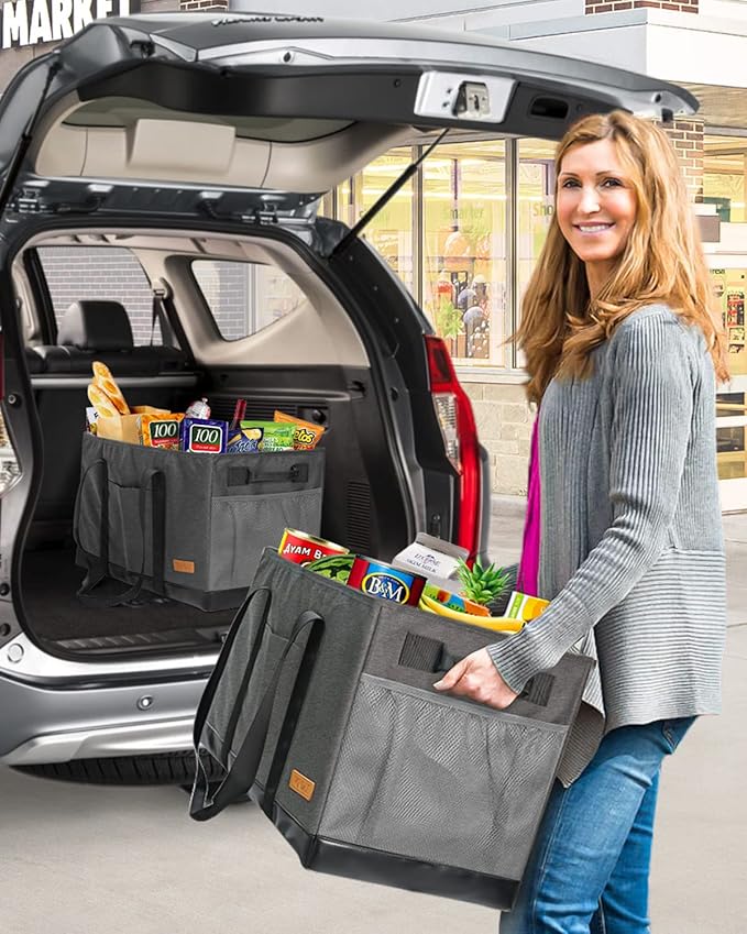 WONDAY X-Large Utility Tote Bag, Standing Reusable Grocery Bag | 22x11x13.5in, 50L capacity, holds 100lbs, collapsible, fabric with leather bottom, for beach travel storage - Image 2