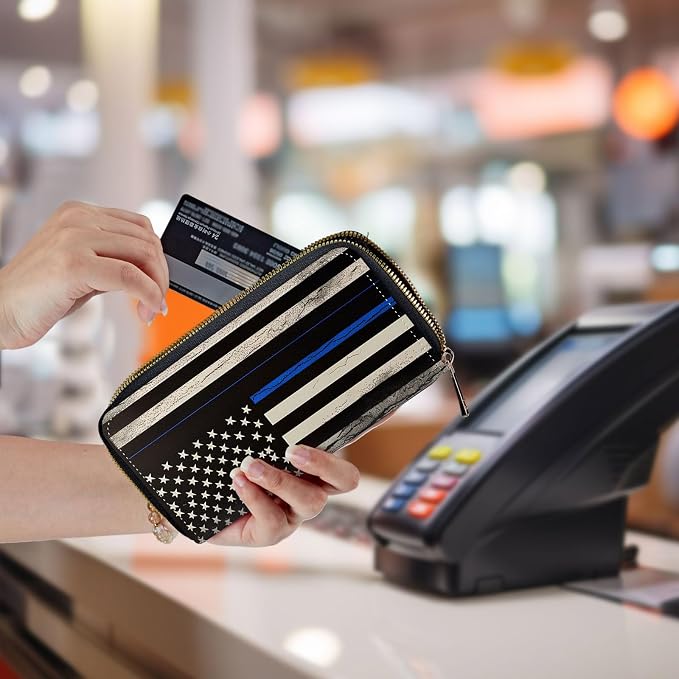Wallet,Leather Long Wallet Suitable For Ladies And Teenagers - Detachable Wristband + RFID Travel Wallet With Card Slot - Thin Blue Line American Flag - Image 5