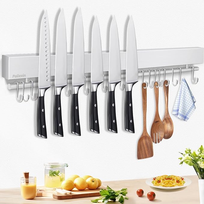 23 inch magnetic knife holder with 15 hooks, No Drilling knife magnetic strip and utensil hanger for wall, Powerful knife magnet rack include tape and screws by Unknown