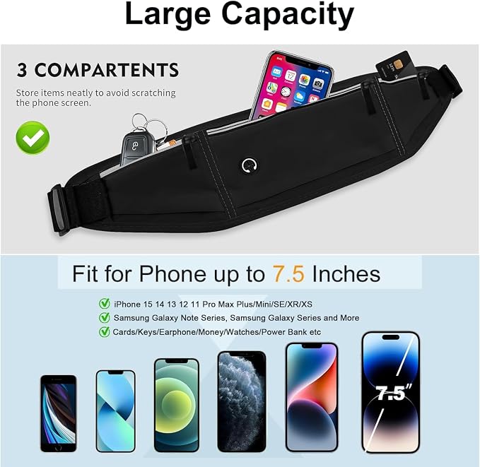 Slim Running Belt Fanny Pack for Men Women, Adjustable Running Phone Holder with 3 Pockets, Reflective Fitness Fanny Pack for Phones up to 7.2 inch, Water Resistant Sports Waist Bag, Black - Image 6