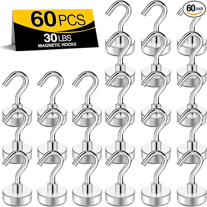Magnetic Hooks for Cruise Cabins, 30LBS+, 60 Pack, Silver | Cruise Essentials 2026, Heavy Duty Magnets Hooks for Refrigerator, Storage, Grill, Hanging and Kitchen by TRYMAGMagnets