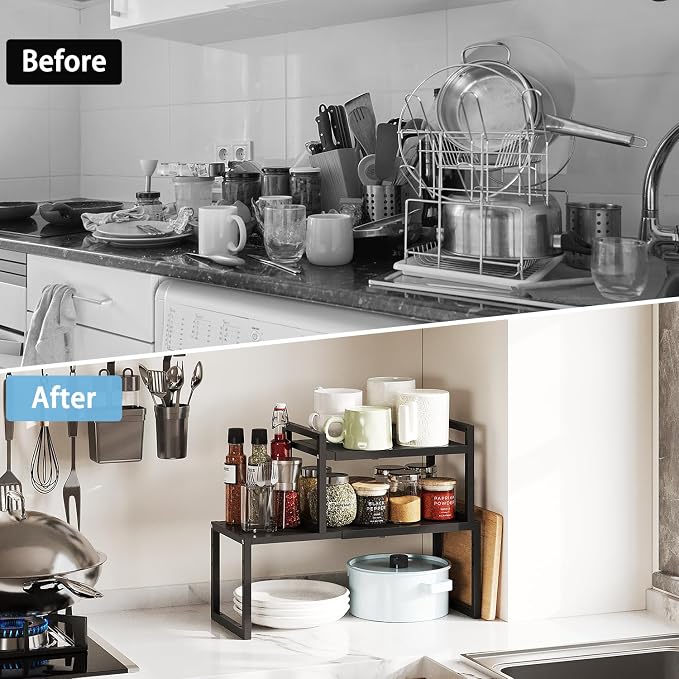 2 Pack Expandable Kitchen Cabinet Shelves Organizer,Heavy Duty Metal Shelving Units and Storage,Stackable Adjustable Kitchen Storage Organization Shelves Rack for Counter Cupboard Pantry,Length:20.5" - Image 8