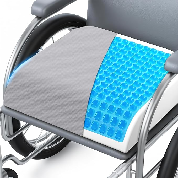 Wheelchair Seat Cushion for Pressure Relief, Cooling Gel Memory Foam Chair Cushion with Slope-Edge Design, Coccyx Support for Tailbone Pain, Non-Slip, for Wheelchairs, Office Chairs, Light Grey by Unknown
