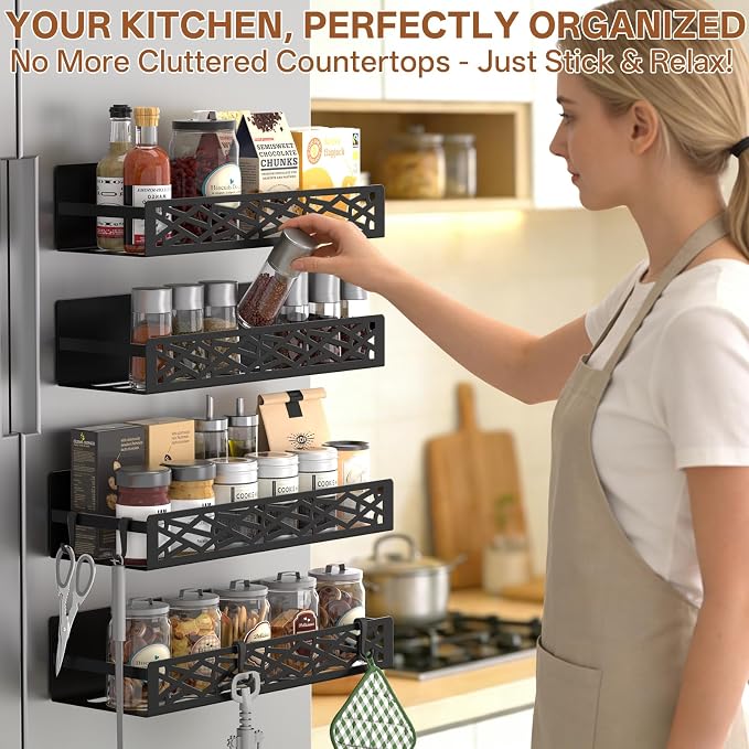 DTUQYX 4 Pack Magnetic Spice Rack for Refrigerator, Heavy Duty Metal Magnetic Fridge Spice Rack Organizer with 4 Hooks, No Drilling Rustproof Spice Storage for Kitchen Organization,11LB Load Capacity - Image 7