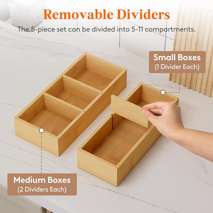 Lifewit Drawer Organizers 5 Pack(11 Grid) with 6 Inserts | Adjustable Bamboo Wooden Trays for Utensils, Silverware, Makeup, Kitchen, Bathroom, Office, Vanity Storage - Image 4