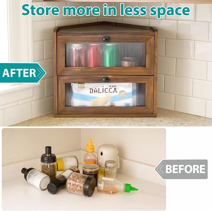 Sunhoo Bread Box for Kitchen Countertop Corner Large Wooden Bread Bin 2 Tier Rustic Food Storage Container with Acrylic Window Farmhouse Keeper Shelf Organizer for Loaves Pastries & Snacks (Brown) - Image 5