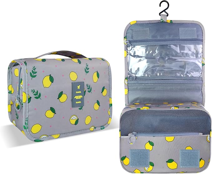 Lcsmaokin Large Capacity Toiletry Bag Travel Bag with Hanging Hook for Men and Women Waterproof Travel Cosmetic Bag Bathroom Storage Bag for Brushes Set,Full-Sized Shampoo,Accessories-Grey Lemon - Image 2